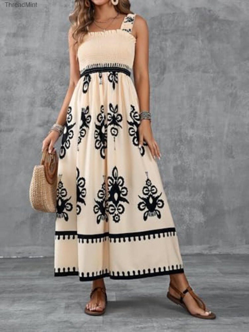 Square Neck Boho Maxi Dress Casual Long Spring Summer Sundress - Picture 4 of 7